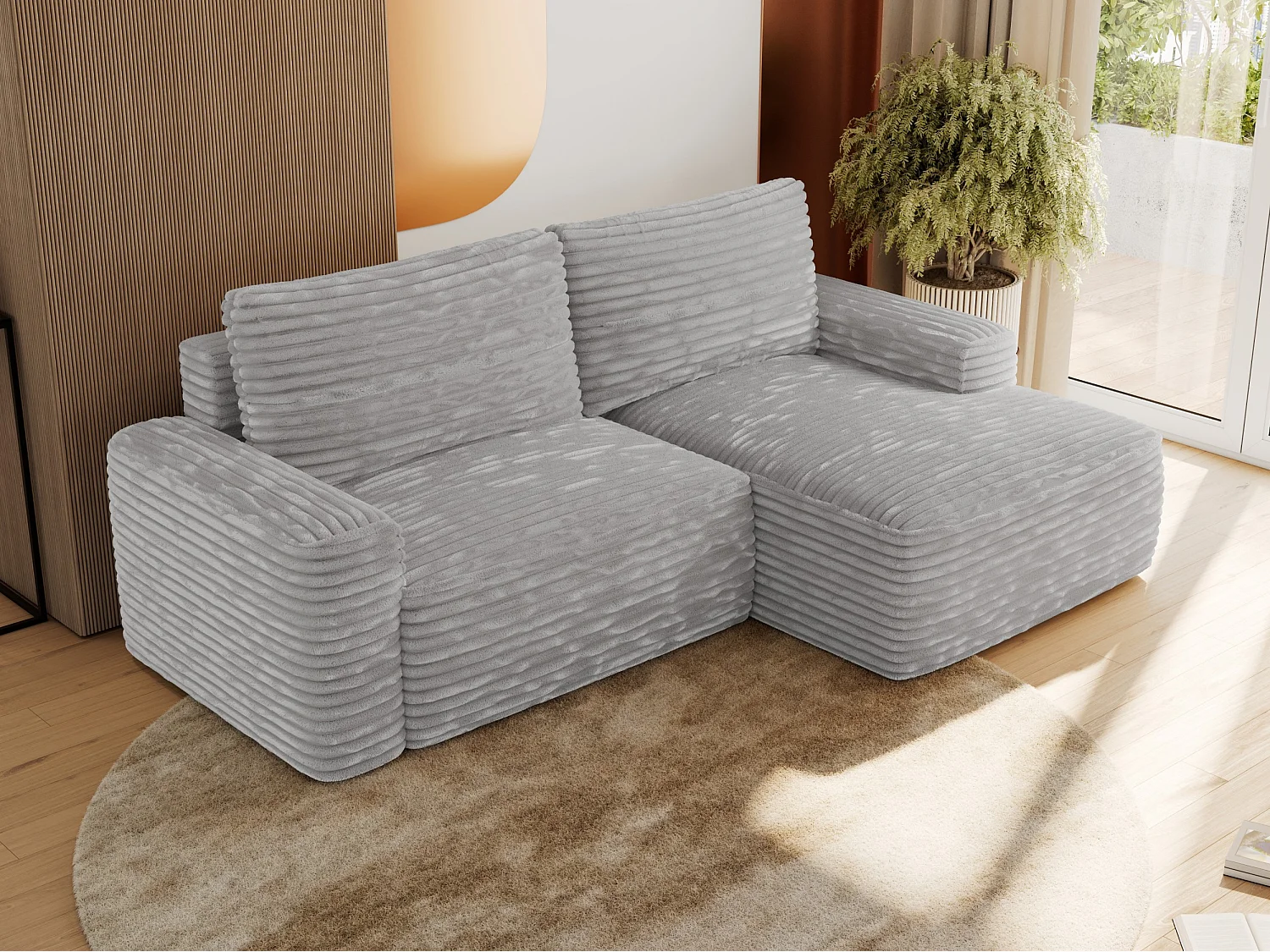 Ecksofa BELLUNO - Schlafsofa mit Bettkasten, Armlehnen, Couch L-form mit Schlaffunktion - Hellgrau Cord - Ecke Rechts