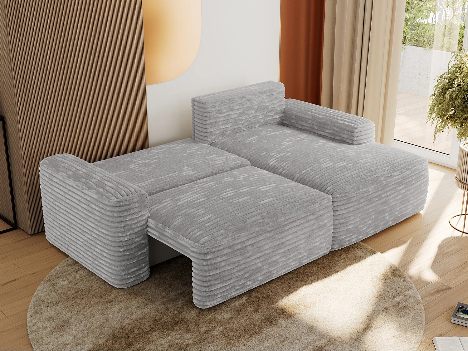 Ecksofa BELLUNO - Schlafsofa mit Bettkasten, Armlehnen, Couch L-form mit Schlaffunktion - Hellgrau Cord - Ecke Rechts