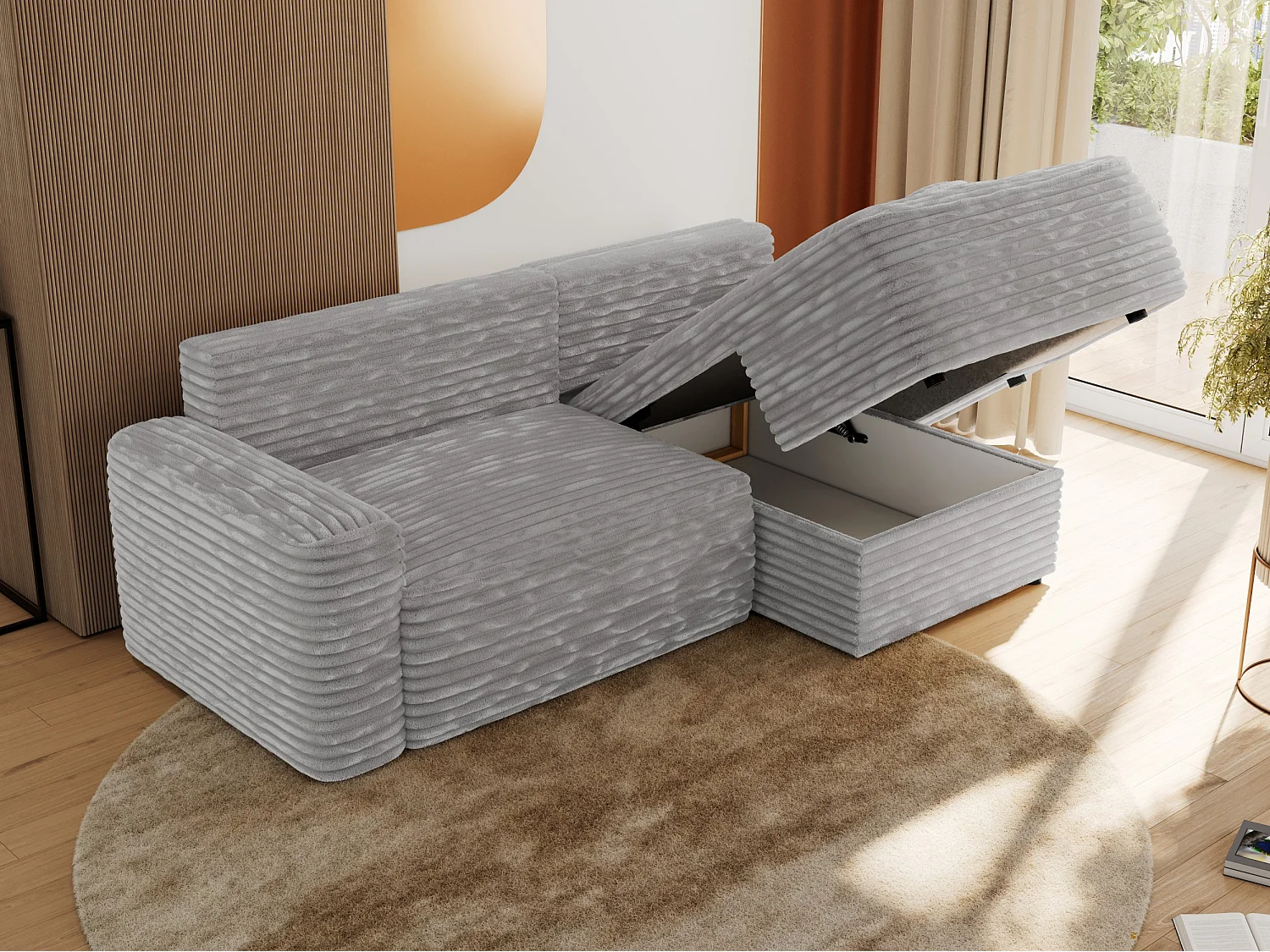 Ecksofa BELLUNO - Schlafsofa mit Bettkasten, Armlehnen, Couch L-form mit Schlaffunktion - Hellgrau Cord - Ecke Rechts