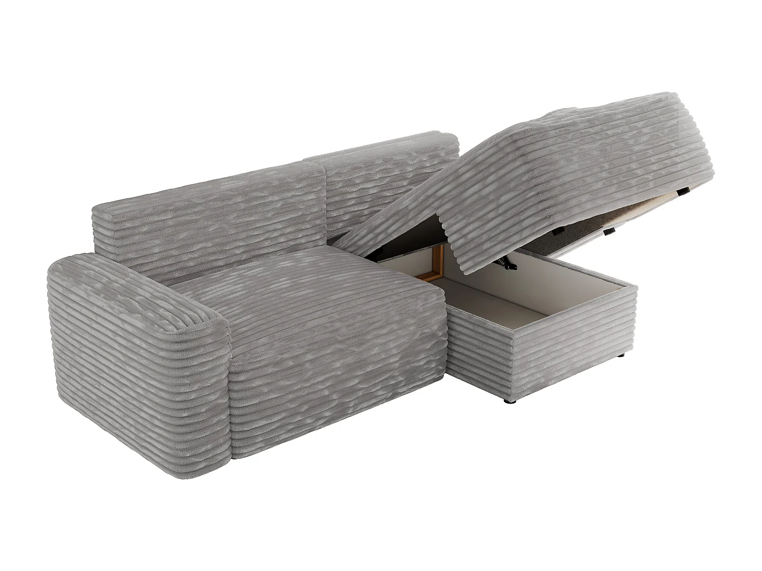 Ecksofa BELLUNO - Schlafsofa mit Bettkasten, Armlehnen, Couch L-form mit Schlaffunktion - Hellgrau Cord - Ecke Rechts