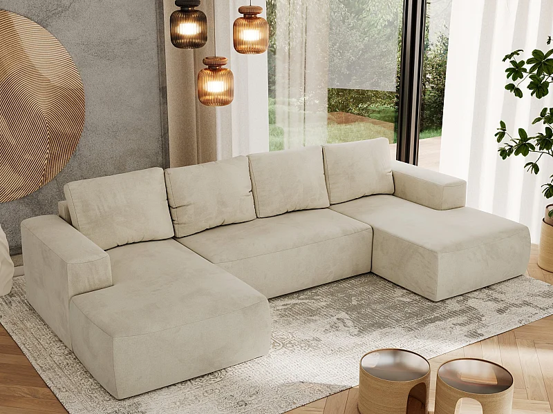 Ecksofa TRENTINO U - mit Schlaffunktion und Bettkasten, U-förmiges Wohnlandschaft, Armlehnen - Beige Velvet