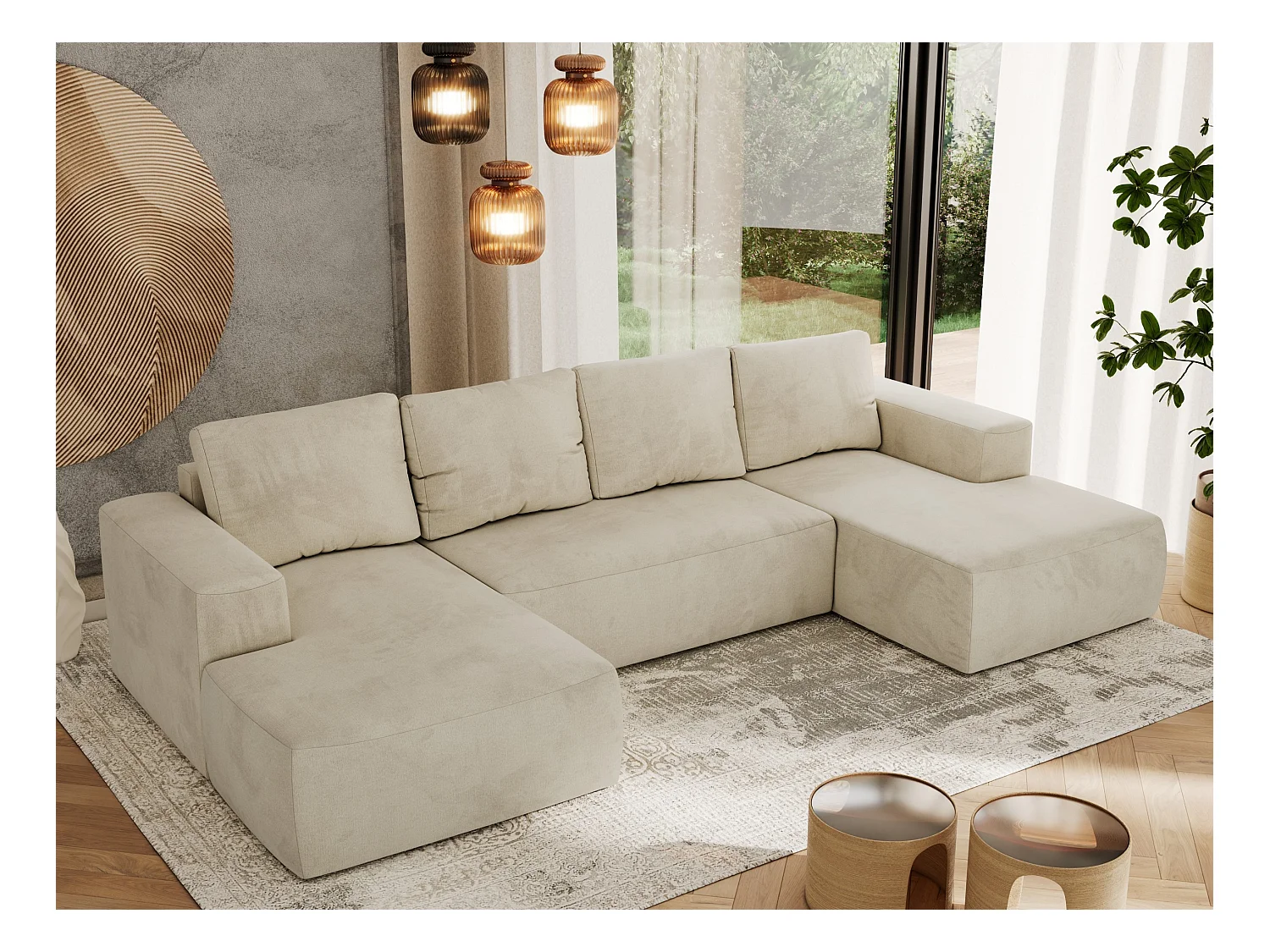 Ecksofa TRENTINO U - mit Schlaffunktion und Bettkasten, U-förmiges Wohnlandschaft, Armlehnen - Beige Velvet
