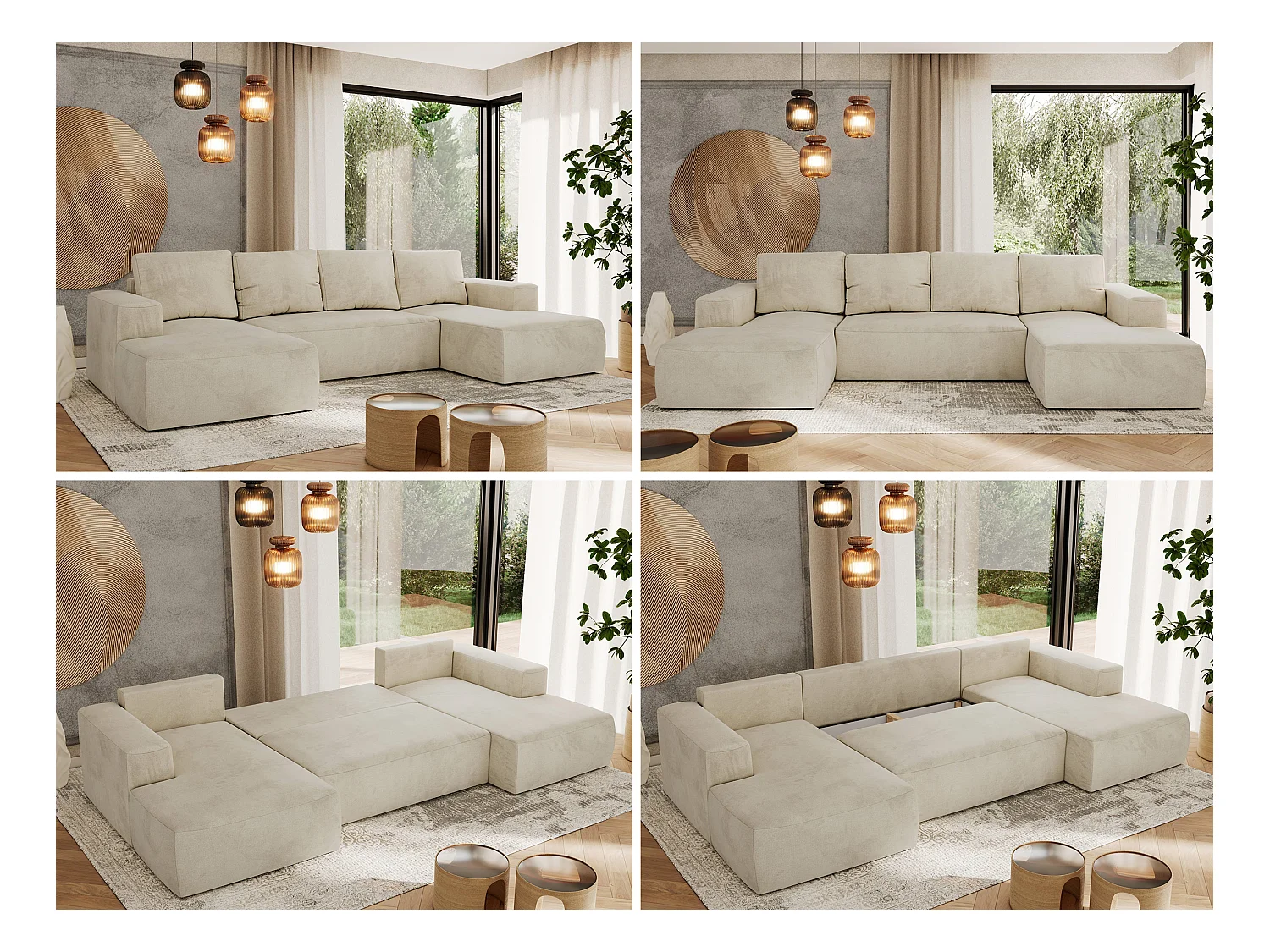 Ecksofa TRENTINO U - mit Schlaffunktion und Bettkasten, U-förmiges Wohnlandschaft, Armlehnen - Beige Velvet
