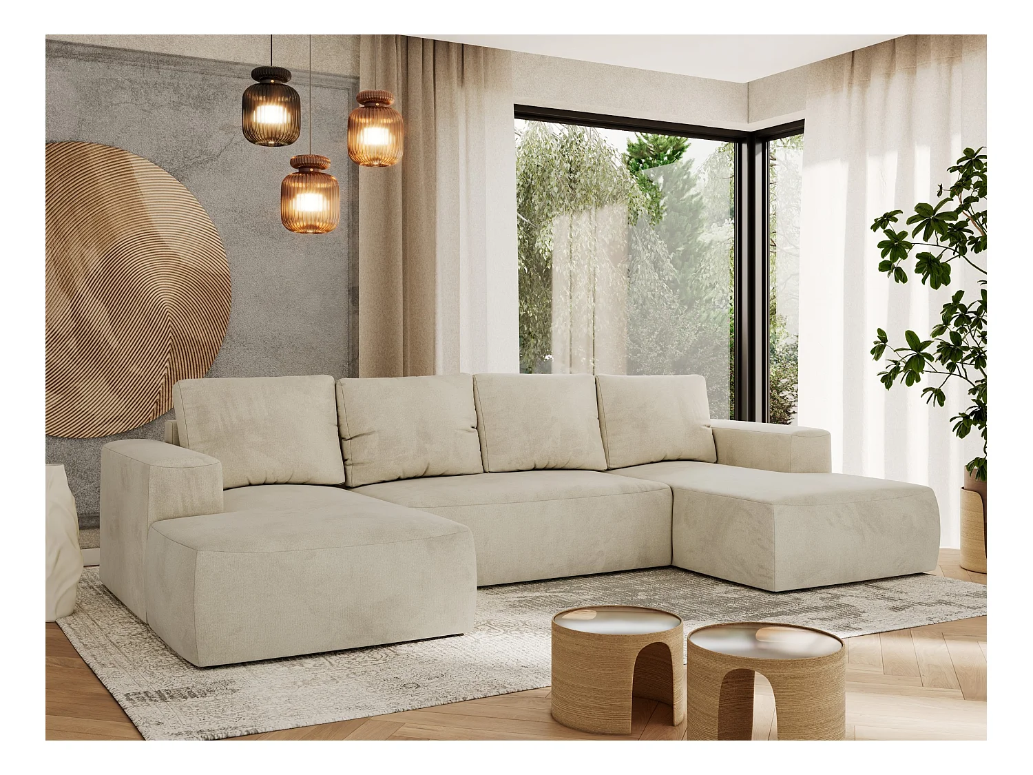 Ecksofa TRENTINO U - mit Schlaffunktion und Bettkasten, U-förmiges Wohnlandschaft, Armlehnen - Beige Velvet