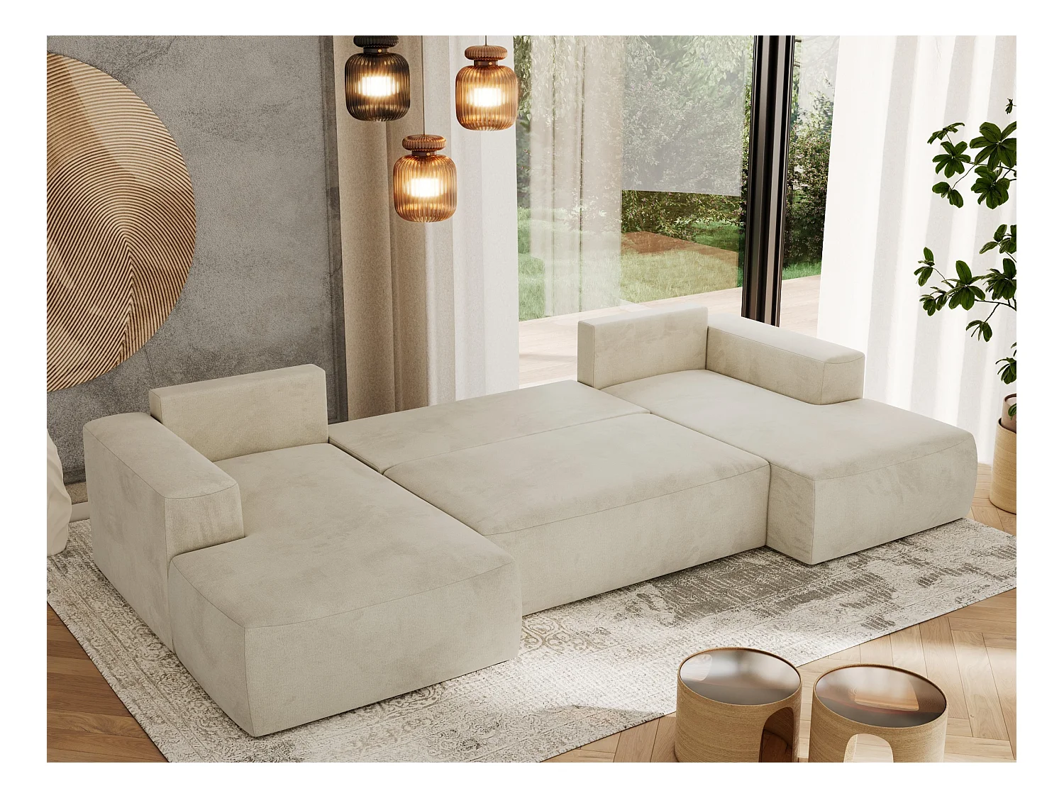Ecksofa TRENTINO U - mit Schlaffunktion und Bettkasten, U-förmiges Wohnlandschaft, Armlehnen - Beige Velvet