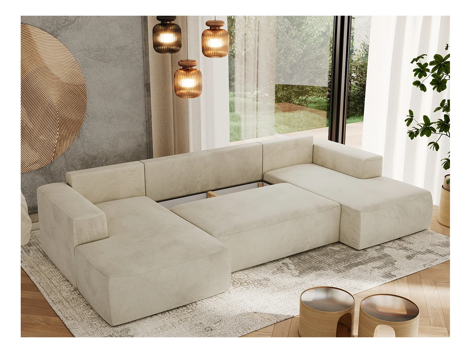 Ecksofa TRENTINO U - mit Schlaffunktion und Bettkasten, U-förmiges Wohnlandschaft, Armlehnen - Beige Velvet