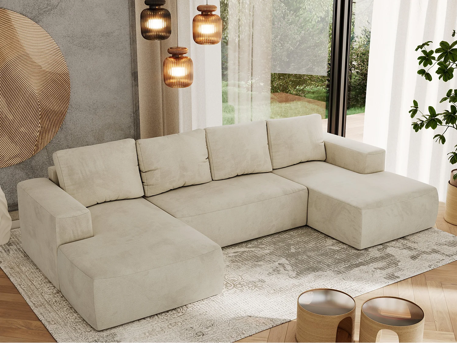 Ecksofa TRENTINO U - mit Schlaffunktion und Bettkasten, U-förmiges Wohnlandschaft, Armlehnen - Beige Velvet