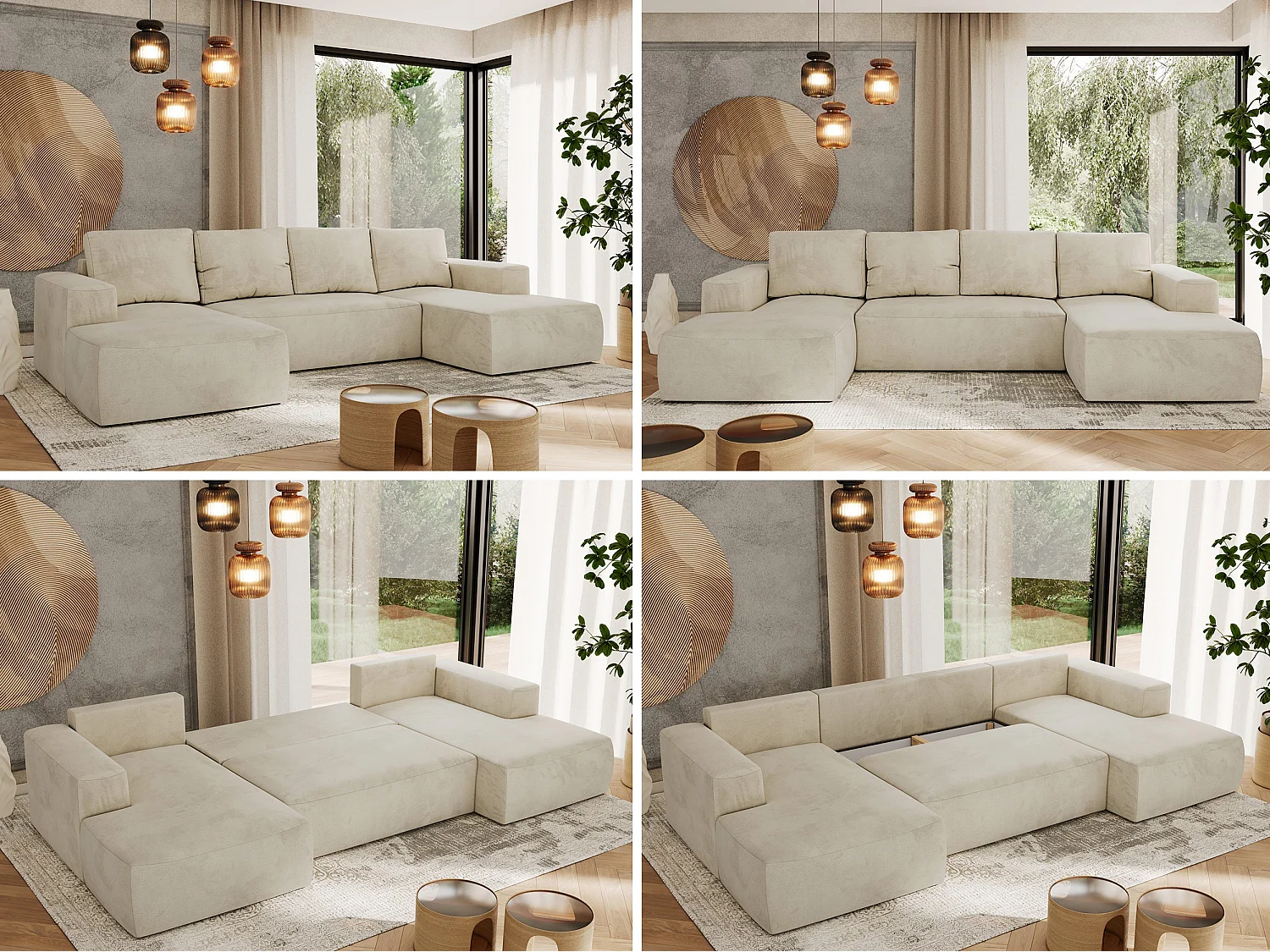 Ecksofa TRENTINO U - mit Schlaffunktion und Bettkasten, U-förmiges Wohnlandschaft, Armlehnen - Beige Velvet