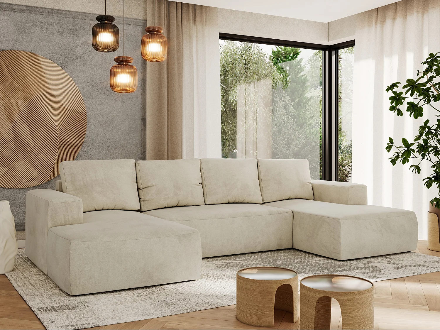 Ecksofa TRENTINO U - mit Schlaffunktion und Bettkasten, U-förmiges Wohnlandschaft, Armlehnen - Beige Velvet