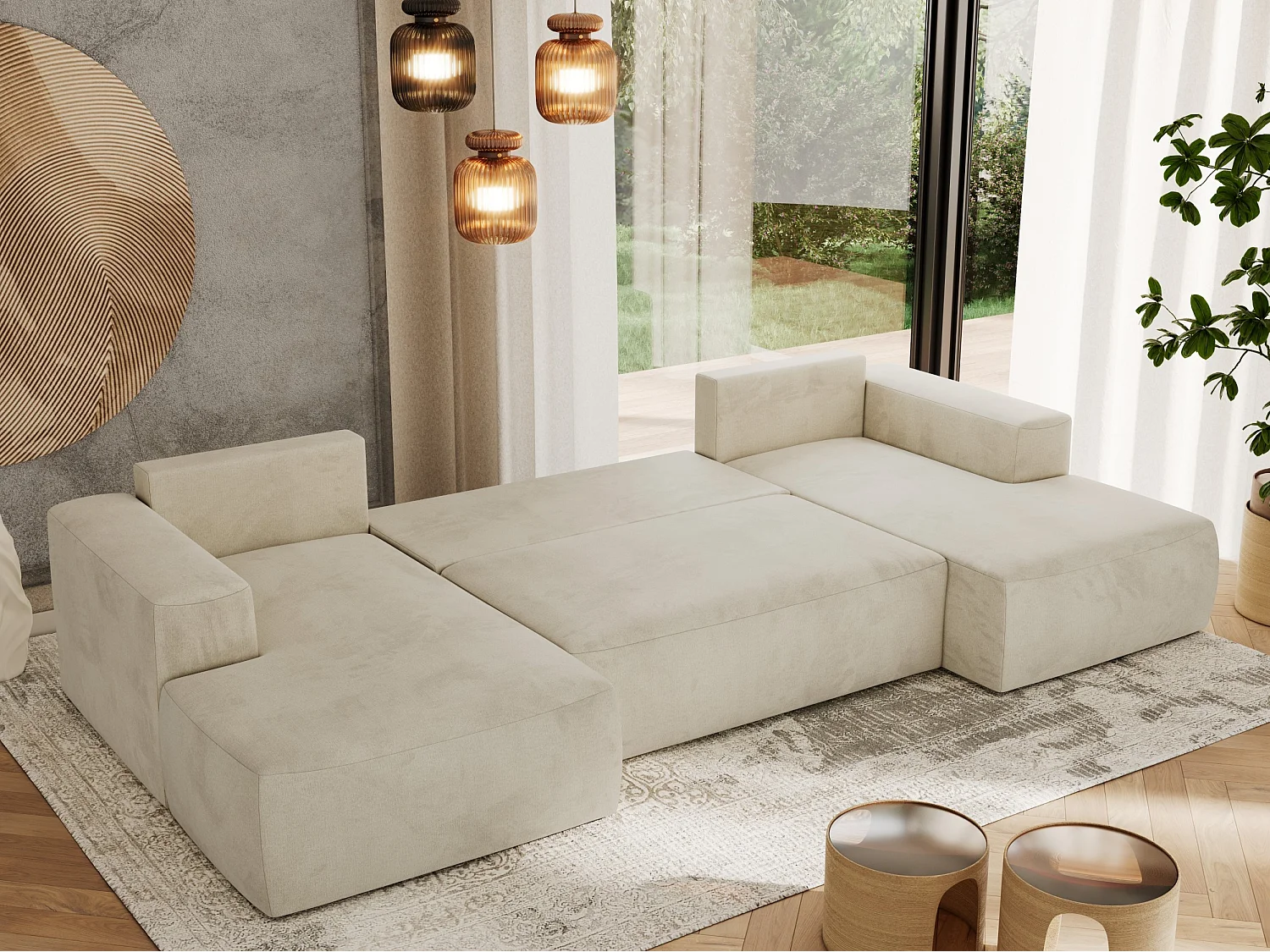 Ecksofa TRENTINO U - mit Schlaffunktion und Bettkasten, U-förmiges Wohnlandschaft, Armlehnen - Beige Velvet