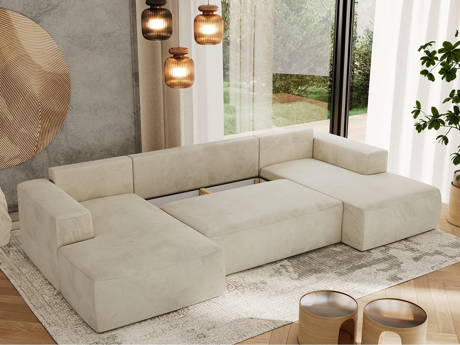 Ecksofa TRENTINO U - mit Schlaffunktion und Bettkasten, U-förmiges Wohnlandschaft, Armlehnen - Beige Velvet