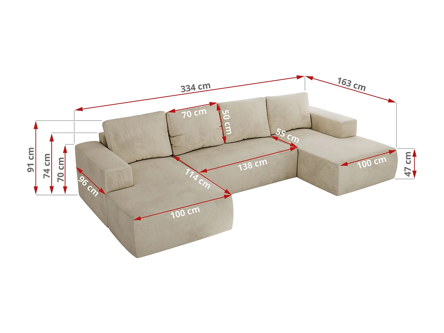 Ecksofa TRENTINO U - mit Schlaffunktion und Bettkasten, U-förmiges Wohnlandschaft, Armlehnen - Beige Velvet