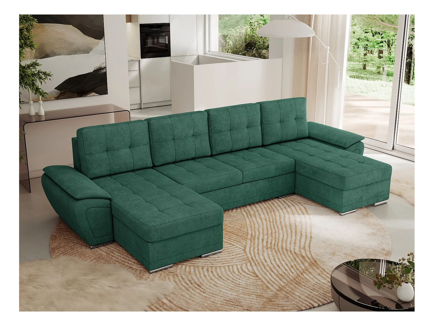 Ecksofa UMBRIA U - XXL Wohnlandschaft, mit Schlaffunktion und Bettkasten, genähte Ecke - Grün Stukture