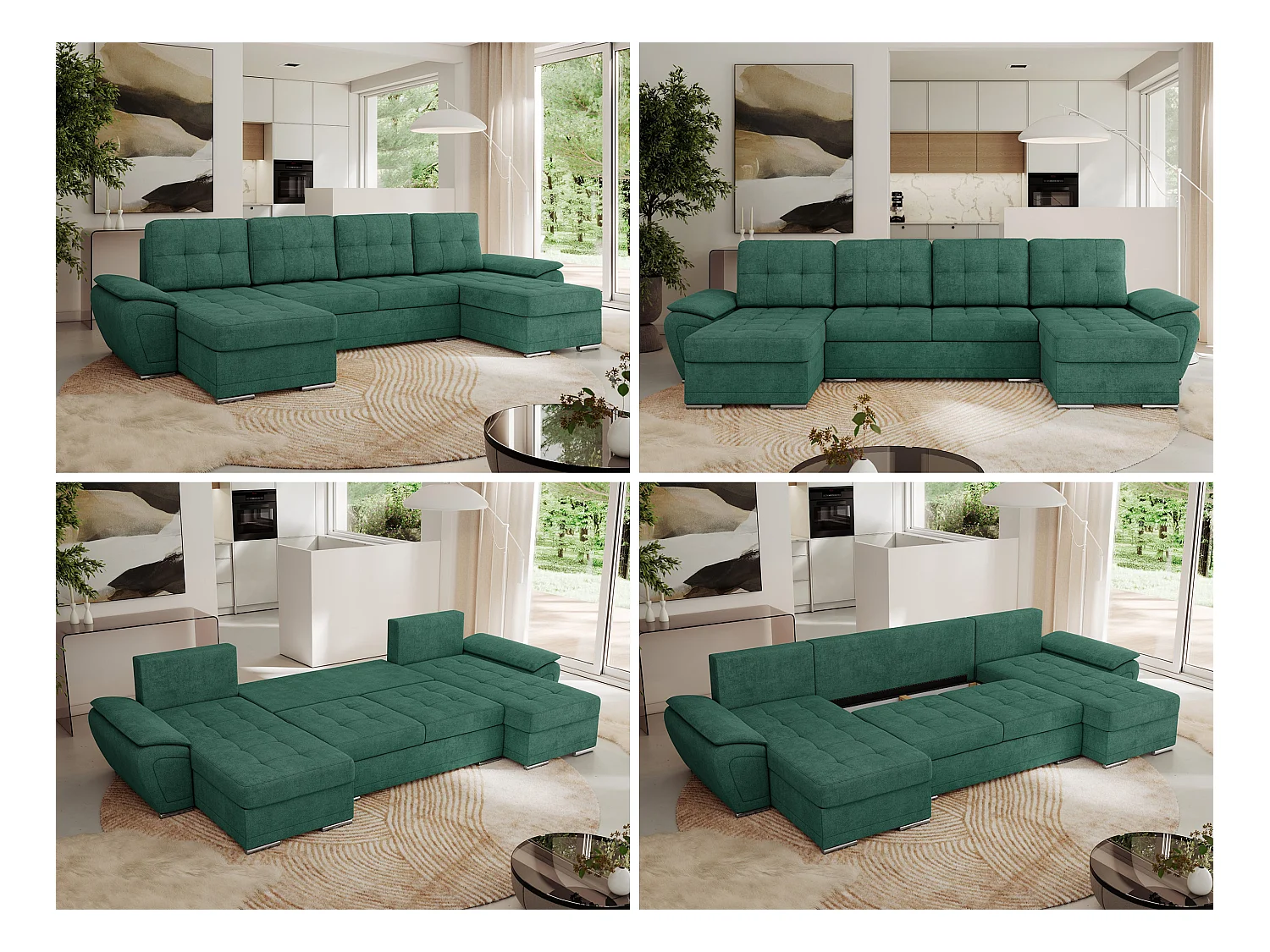 Ecksofa UMBRIA U - XXL Wohnlandschaft, mit Schlaffunktion und Bettkasten, genähte Ecke - Grün Stukture