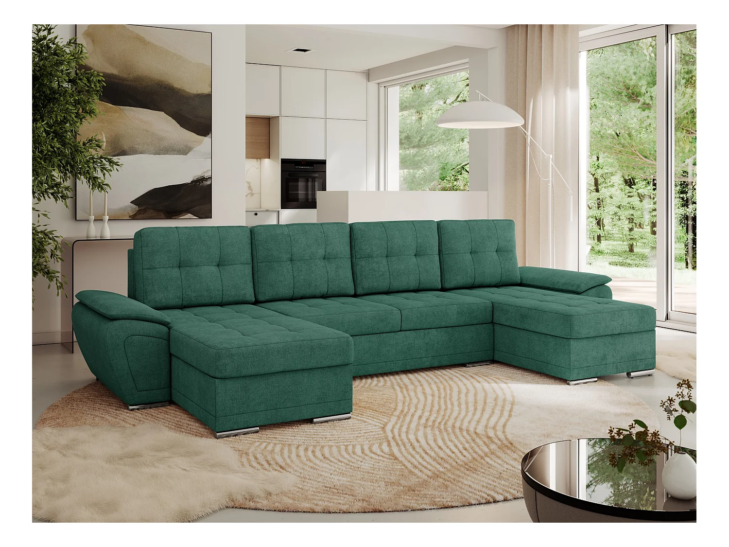 Ecksofa UMBRIA U - XXL Wohnlandschaft, mit Schlaffunktion und Bettkasten, genähte Ecke - Grün Stukture
