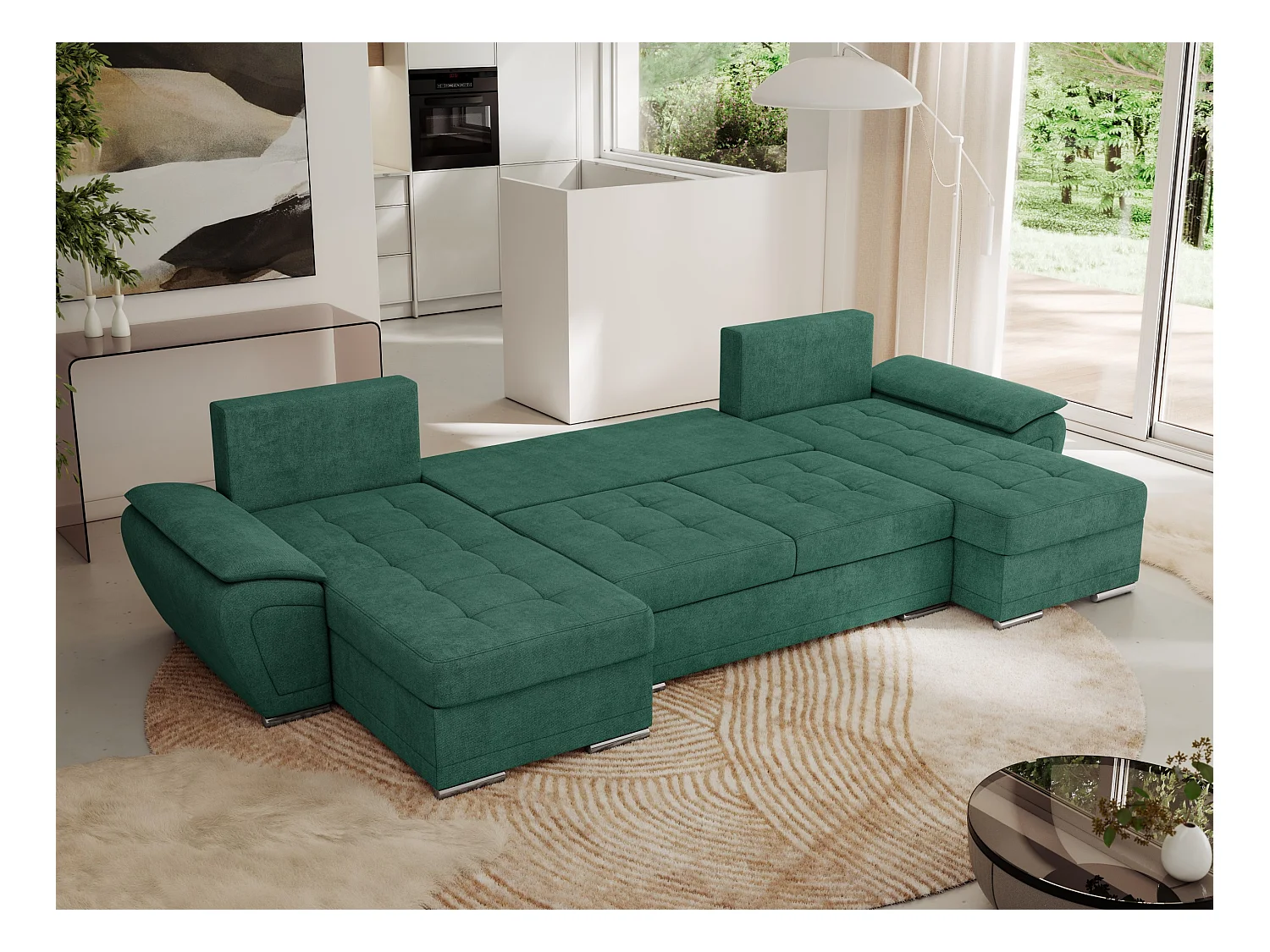 Ecksofa UMBRIA U - XXL Wohnlandschaft, mit Schlaffunktion und Bettkasten, genähte Ecke - Grün Stukture