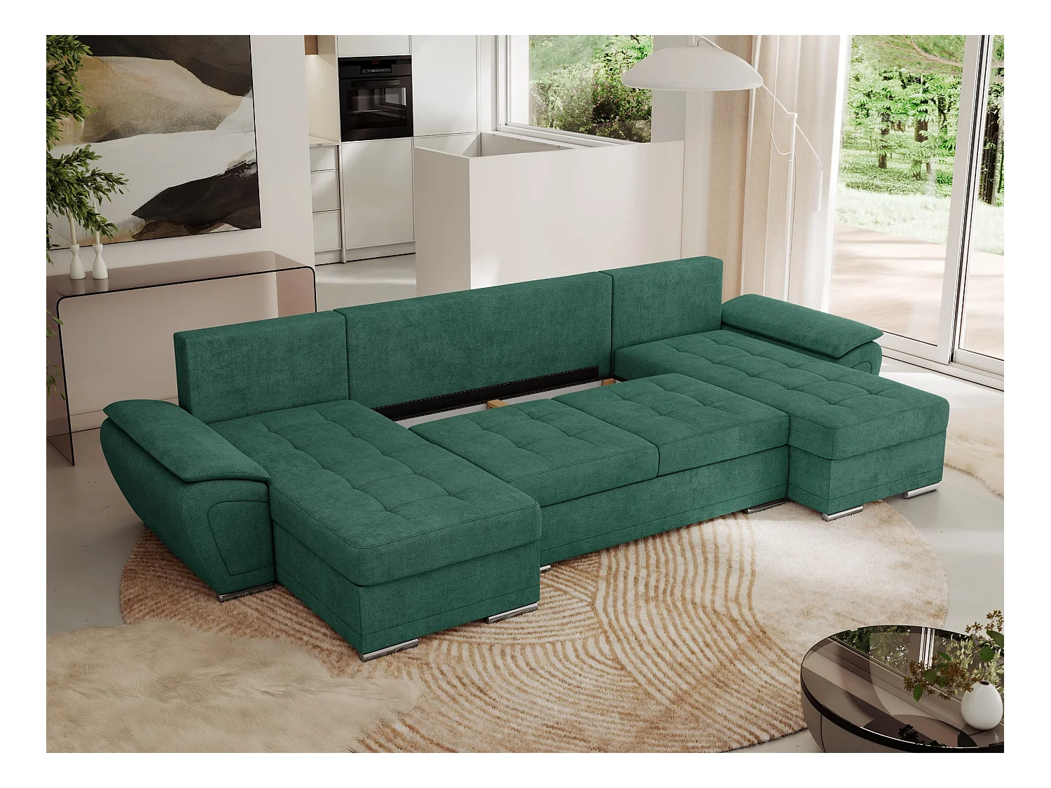 Ecksofa UMBRIA U - XXL Wohnlandschaft, mit Schlaffunktion und Bettkasten, genähte Ecke - Grün Stukture