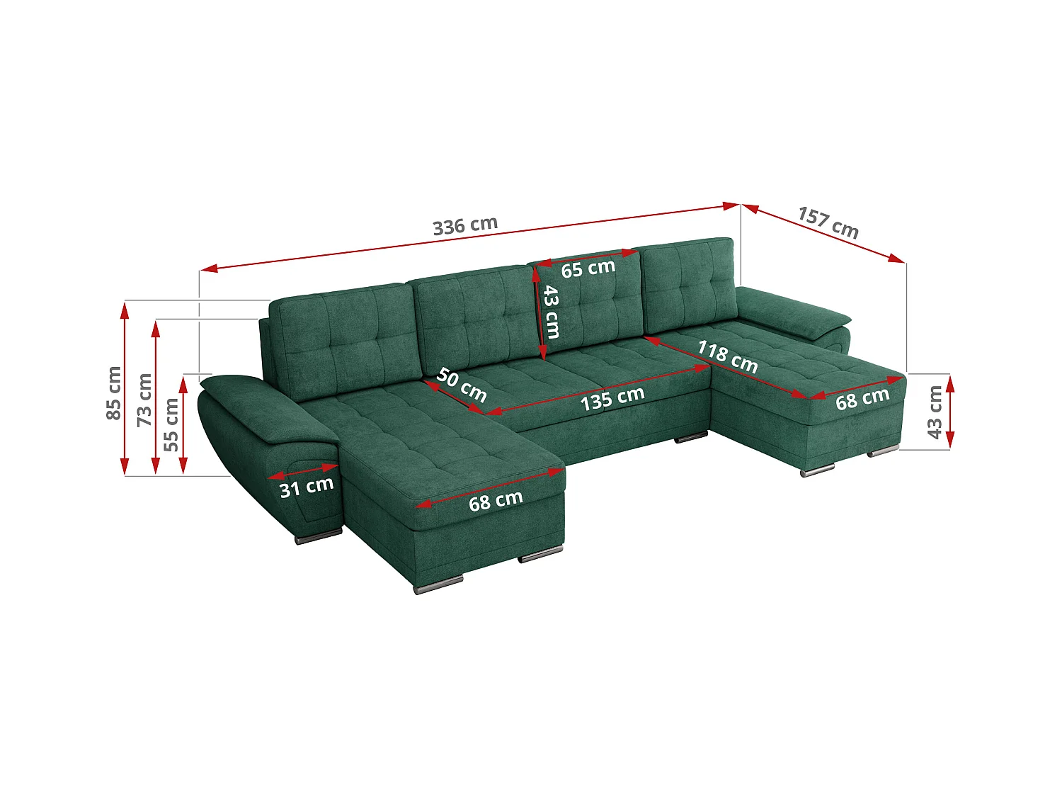 Ecksofa UMBRIA U - XXL Wohnlandschaft, mit Schlaffunktion und Bettkasten, genähte Ecke - Grün Stukture