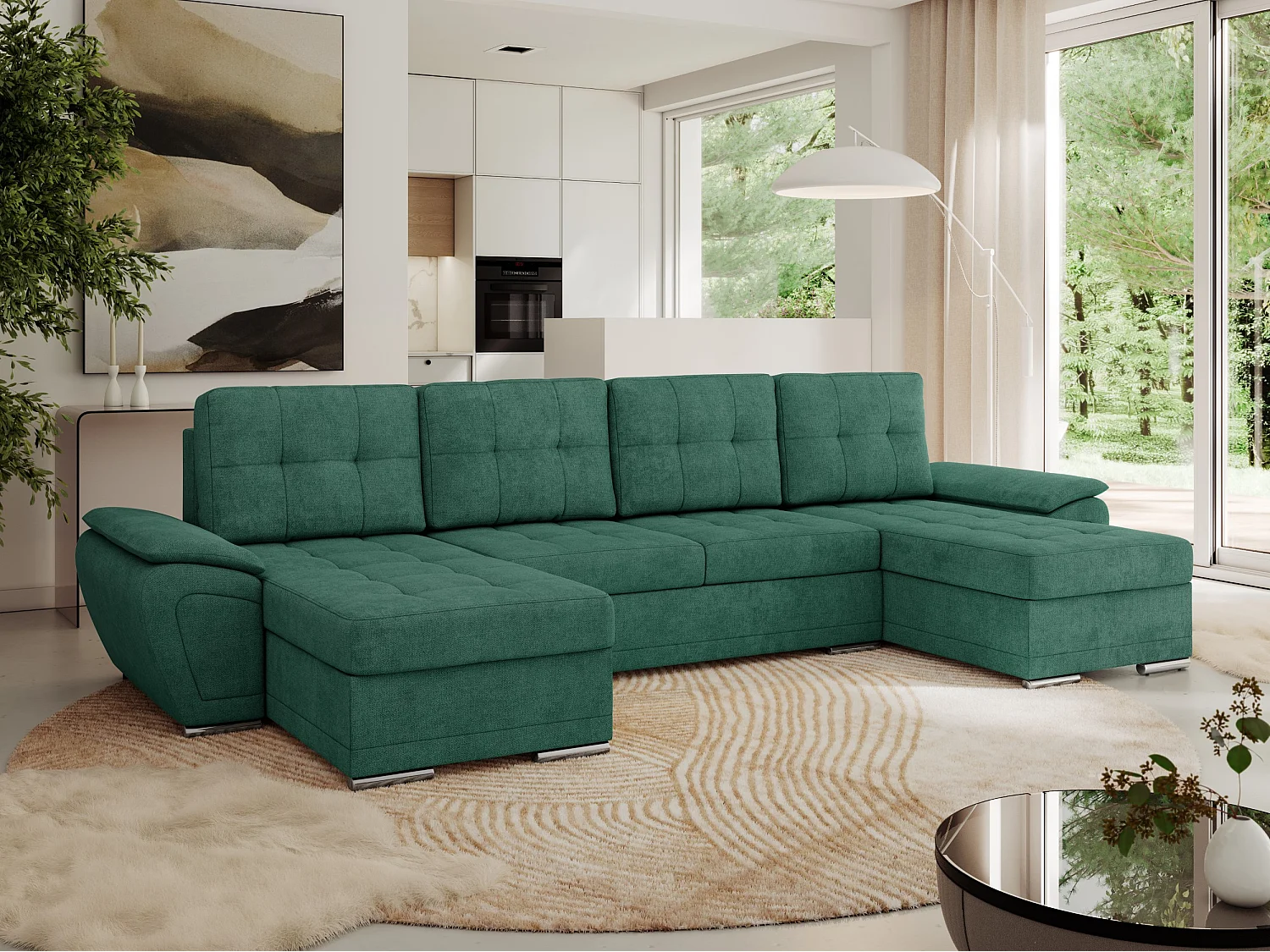 Ecksofa UMBRIA U - XXL Wohnlandschaft, mit Schlaffunktion und Bettkasten, genähte Ecke - Grün Stukture