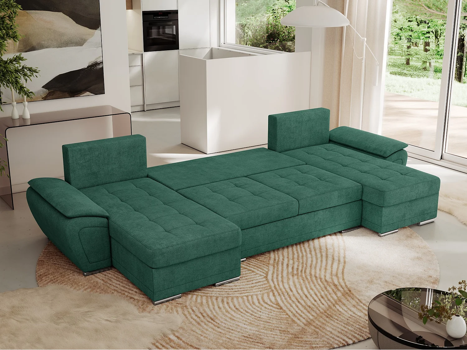 Ecksofa UMBRIA U - XXL Wohnlandschaft, mit Schlaffunktion und Bettkasten, genähte Ecke - Grün Stukture