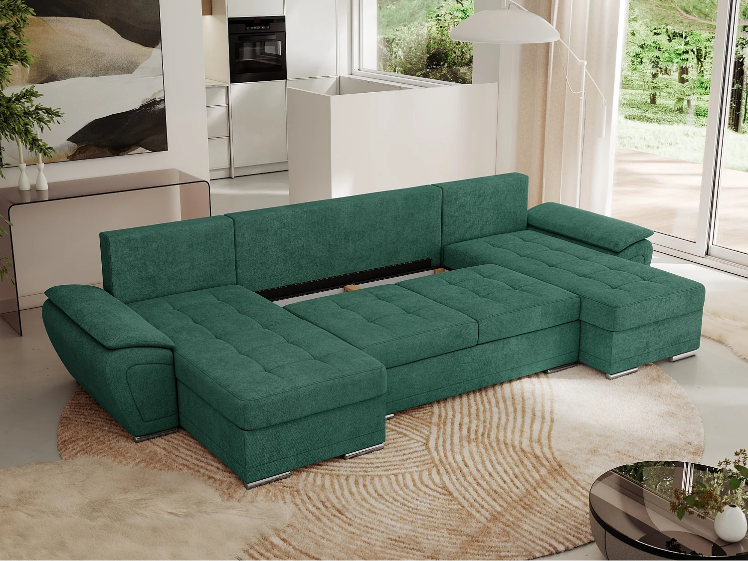 Ecksofa UMBRIA U - XXL Wohnlandschaft, mit Schlaffunktion und Bettkasten, genähte Ecke - Grün Stukture