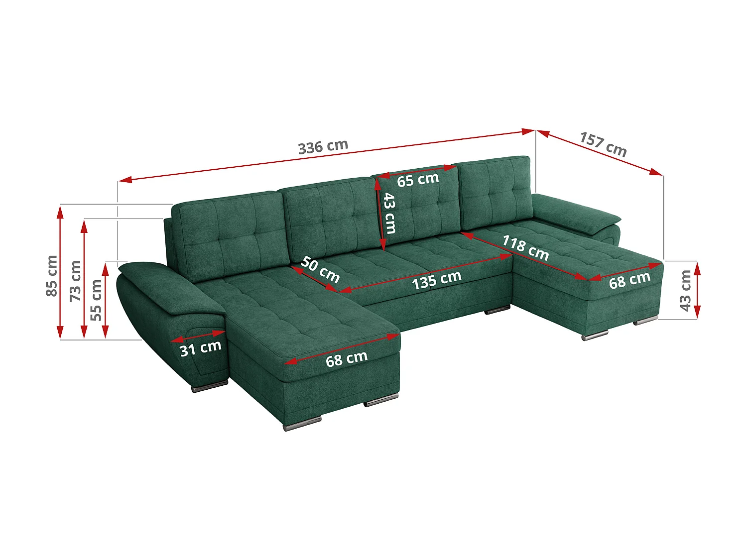 Ecksofa UMBRIA U - XXL Wohnlandschaft, mit Schlaffunktion und Bettkasten, genähte Ecke - Grün Stukture