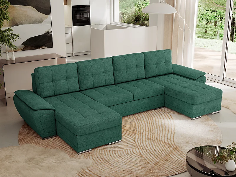 Ecksofa UMBRIA U - XXL Wohnlandschaft, mit Schlaffunktion und Bettkasten, genähte Ecke - Grün Stukture