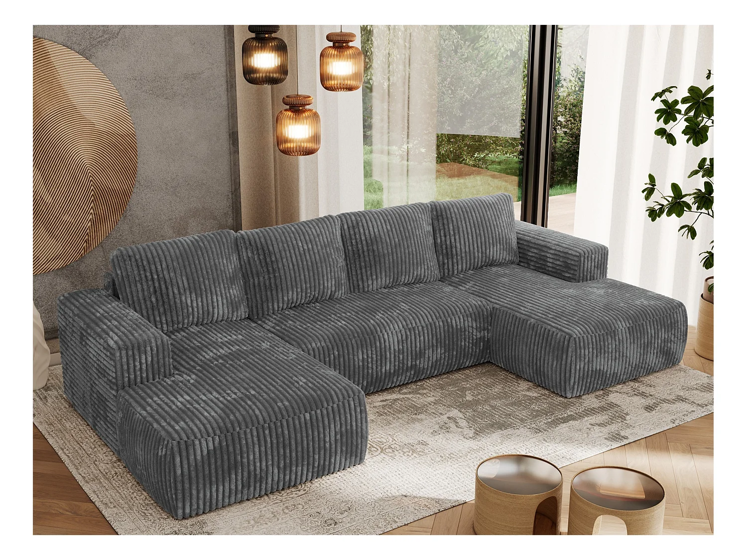 Ecksofa TRENTINO U - mit Schlaffunktion und Bettkasten, U-förmiges Wohnlandschaft, Armlehnen - Dunkelgrau Cord