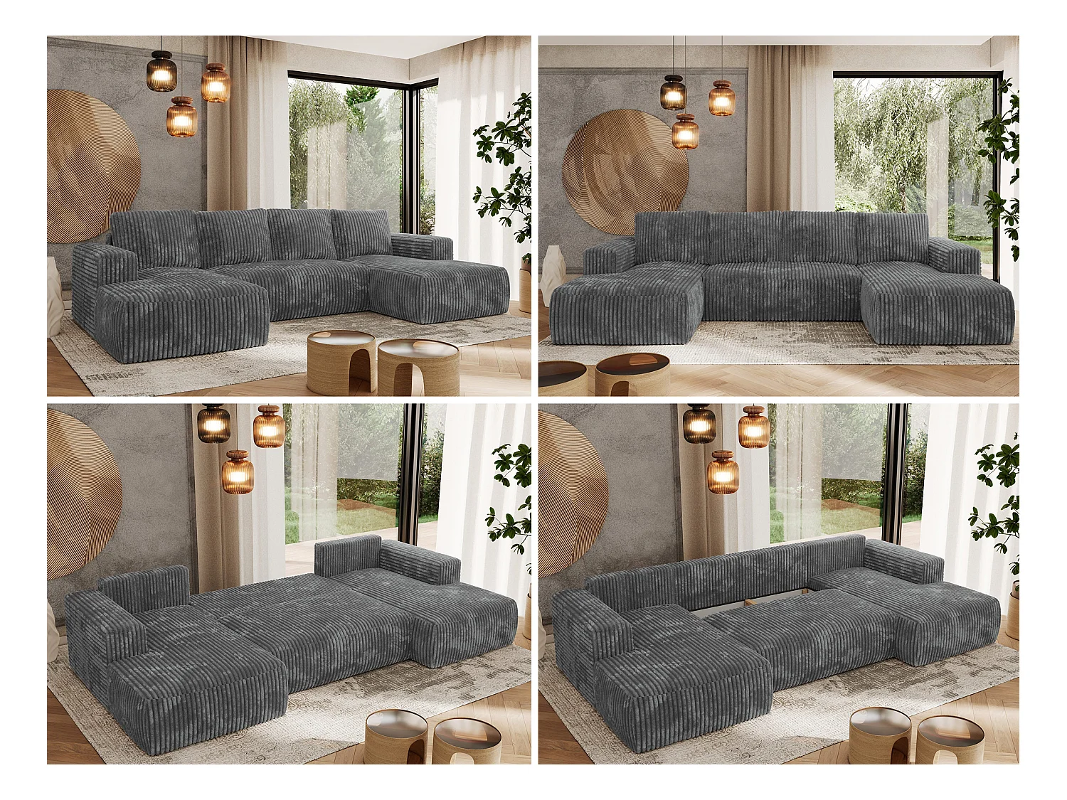 Ecksofa TRENTINO U - mit Schlaffunktion und Bettkasten, U-förmiges Wohnlandschaft, Armlehnen - Dunkelgrau Cord