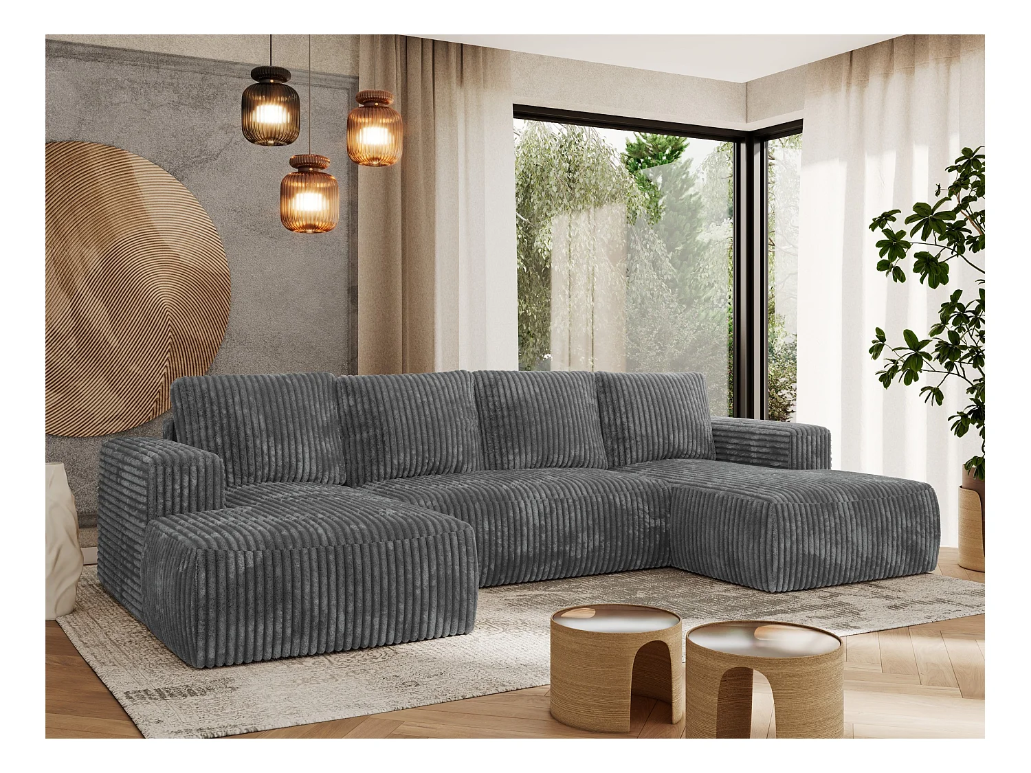 Ecksofa TRENTINO U - mit Schlaffunktion und Bettkasten, U-förmiges Wohnlandschaft, Armlehnen - Dunkelgrau Cord