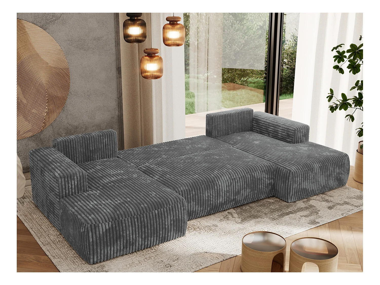 Ecksofa TRENTINO U - mit Schlaffunktion und Bettkasten, U-förmiges Wohnlandschaft, Armlehnen - Dunkelgrau Cord