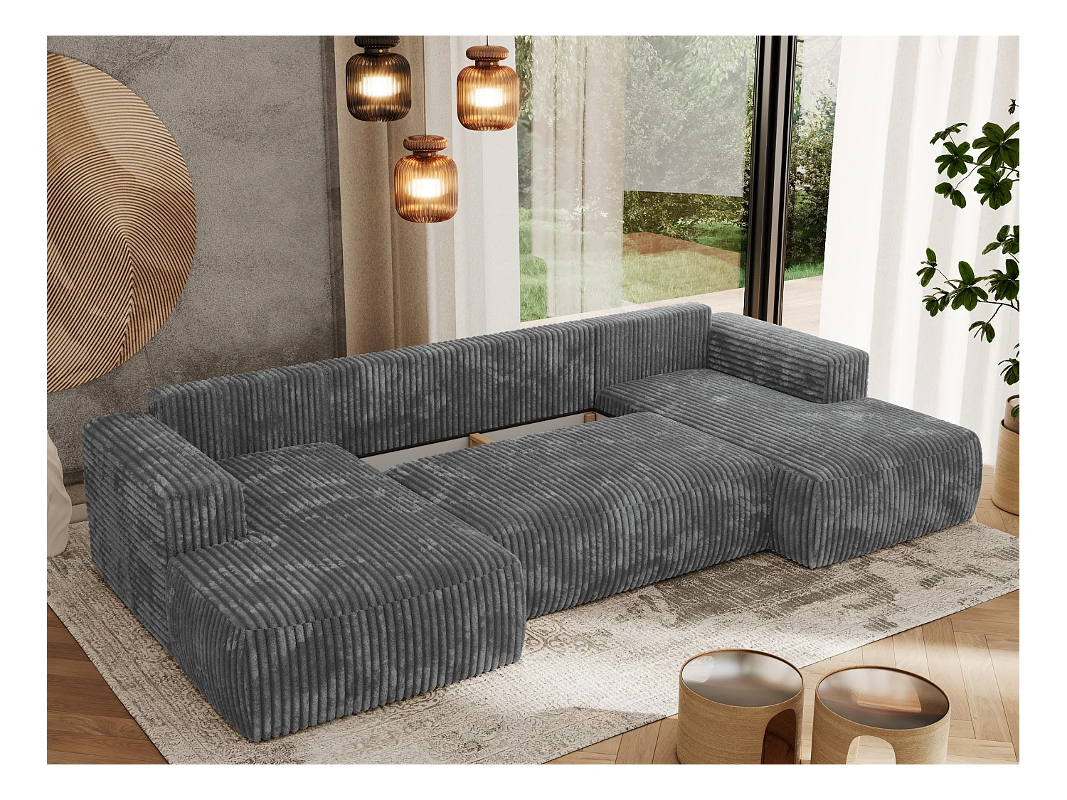 Ecksofa TRENTINO U - mit Schlaffunktion und Bettkasten, U-förmiges Wohnlandschaft, Armlehnen - Dunkelgrau Cord