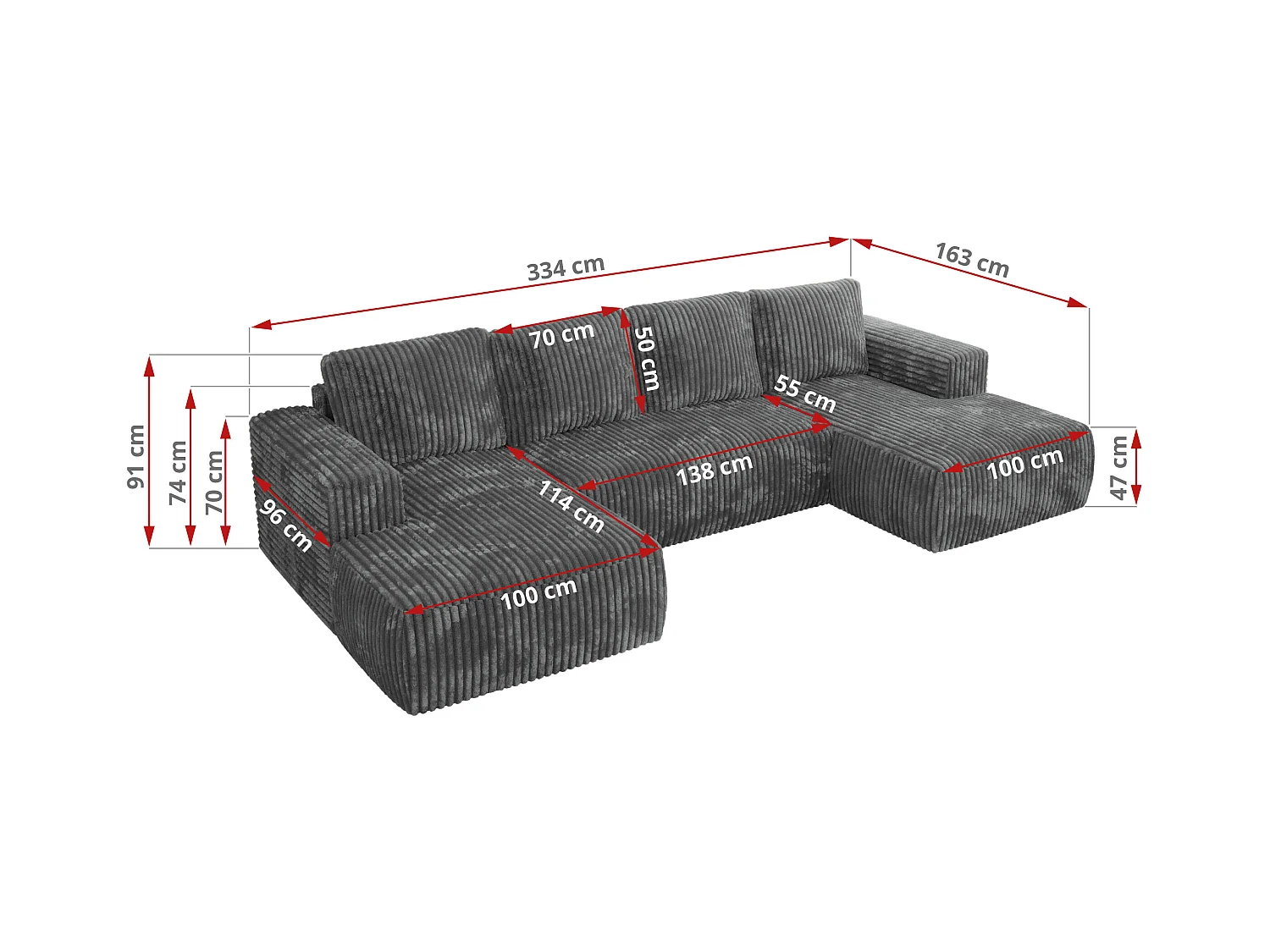 Ecksofa TRENTINO U - mit Schlaffunktion und Bettkasten, U-förmiges Wohnlandschaft, Armlehnen - Dunkelgrau Cord
