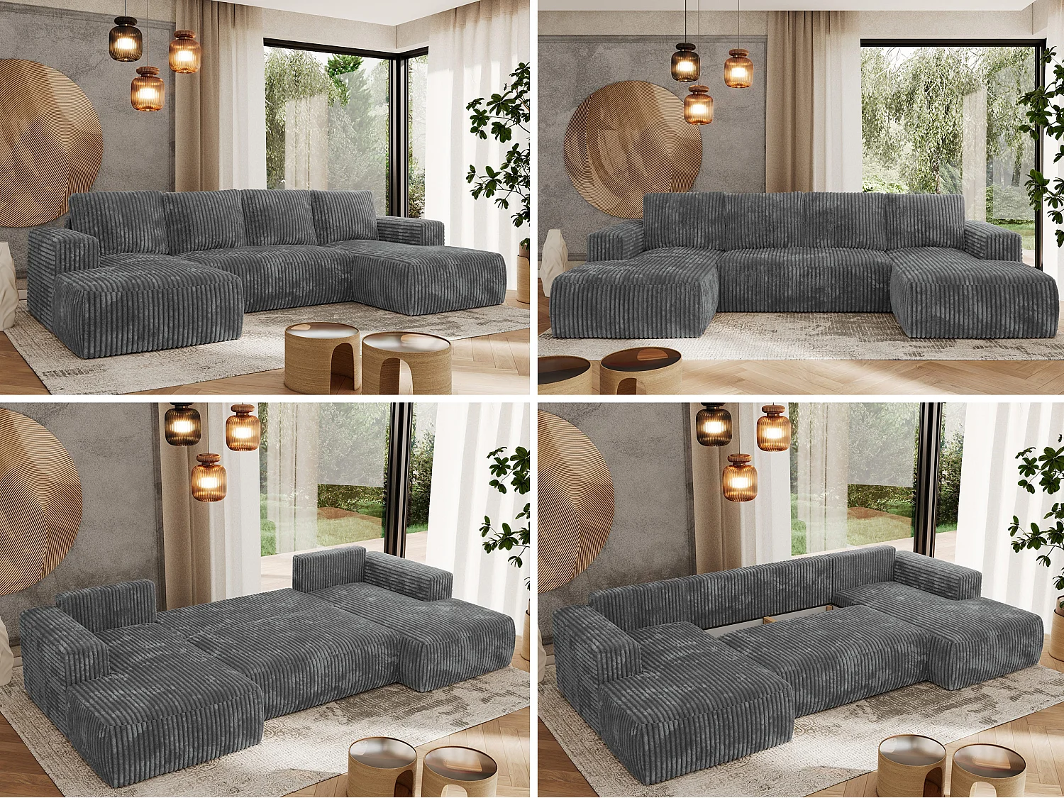 Ecksofa TRENTINO U - mit Schlaffunktion und Bettkasten, U-förmiges Wohnlandschaft, Armlehnen - Dunkelgrau Cord