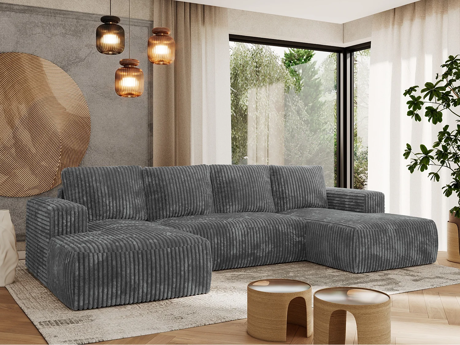 Ecksofa TRENTINO U - mit Schlaffunktion und Bettkasten, U-förmiges Wohnlandschaft, Armlehnen - Dunkelgrau Cord