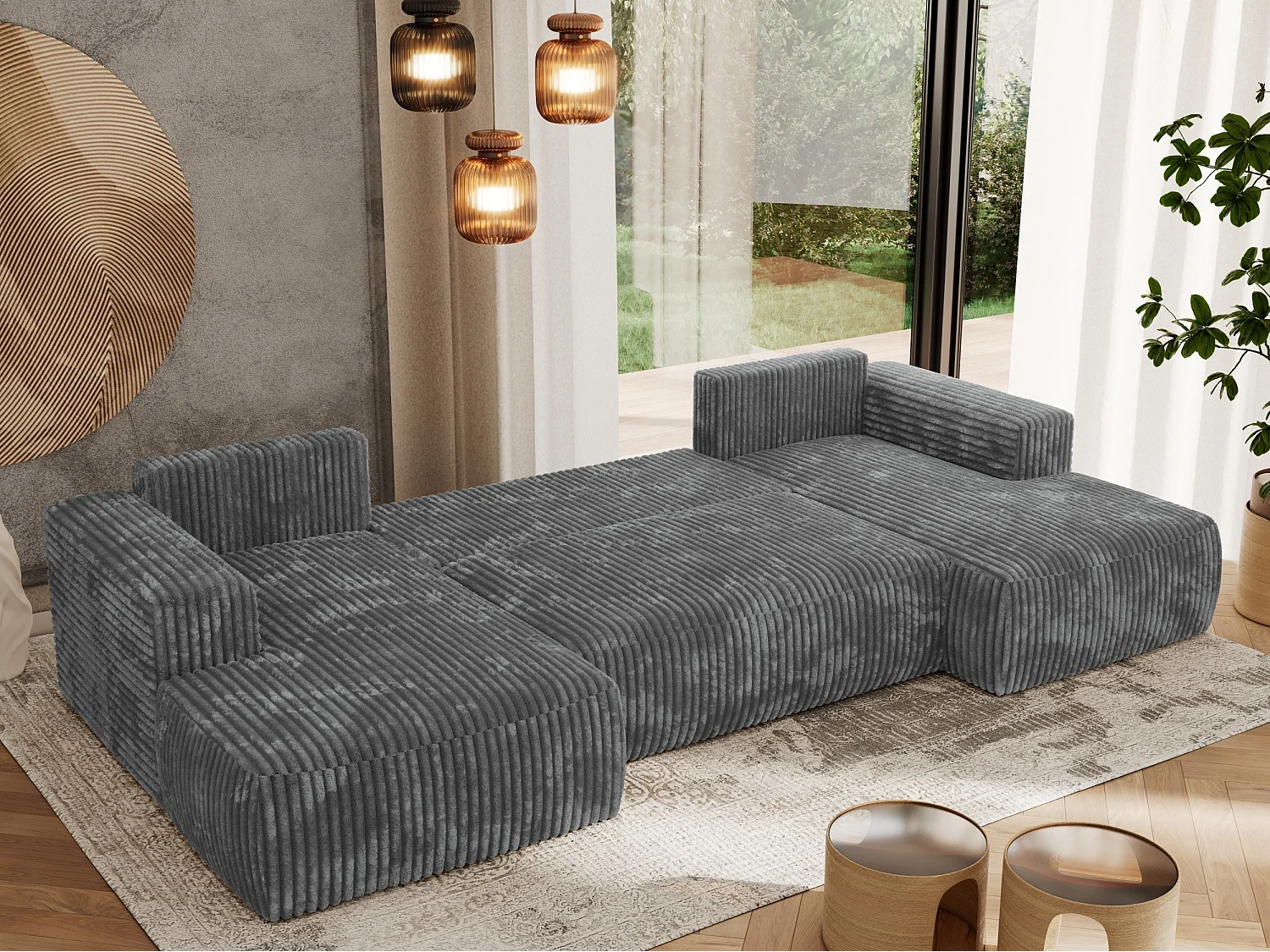 Ecksofa TRENTINO U - mit Schlaffunktion und Bettkasten, U-förmiges Wohnlandschaft, Armlehnen - Dunkelgrau Cord