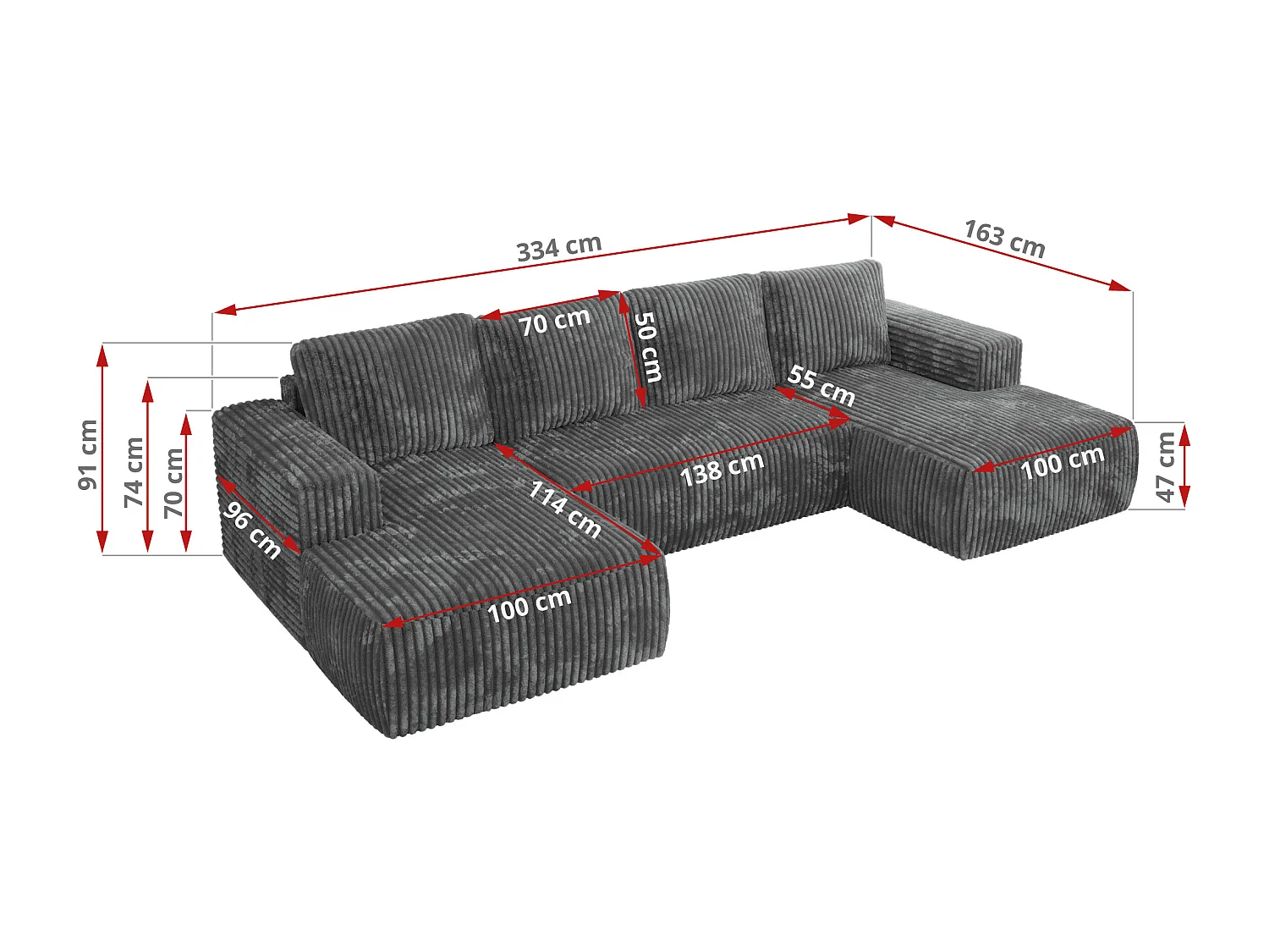 Ecksofa TRENTINO U - mit Schlaffunktion und Bettkasten, U-förmiges Wohnlandschaft, Armlehnen - Dunkelgrau Cord