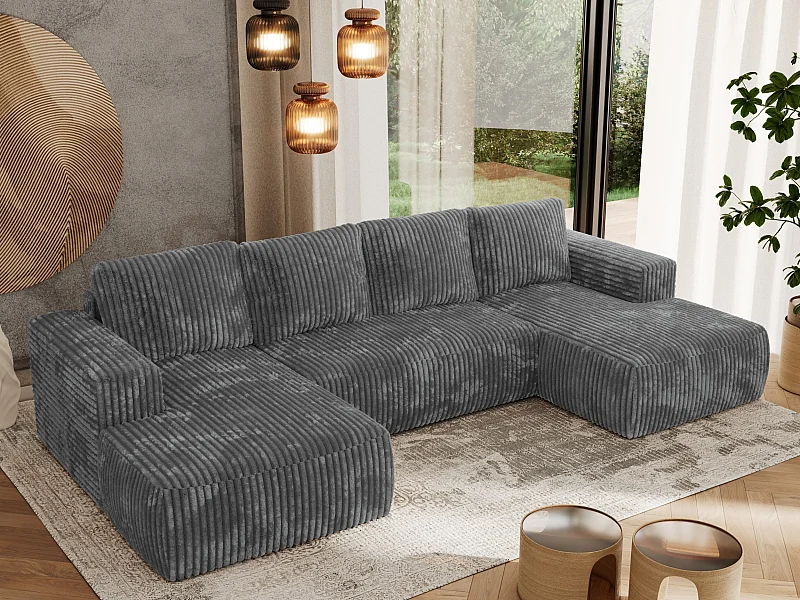 Ecksofa TRENTINO U - mit Schlaffunktion und Bettkasten, U-förmiges Wohnlandschaft, Armlehnen - Dunkelgrau Cord