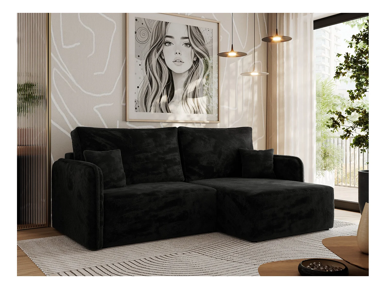 Ecksofa MESTO - Schlaffunktion und Bettkasten, L-form Couch für das Wohnzimmer, Armlehnen - Schwarz Plüsch - Ecke Rechts