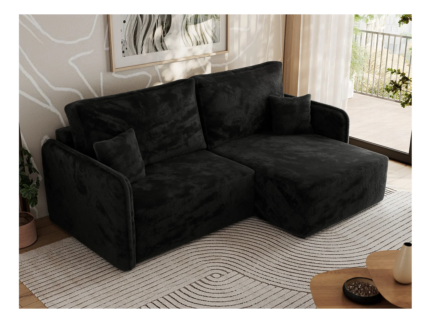 Ecksofa MESTO - Schlaffunktion und Bettkasten, L-form Couch für das Wohnzimmer, Armlehnen - Schwarz Plüsch - Ecke Rechts