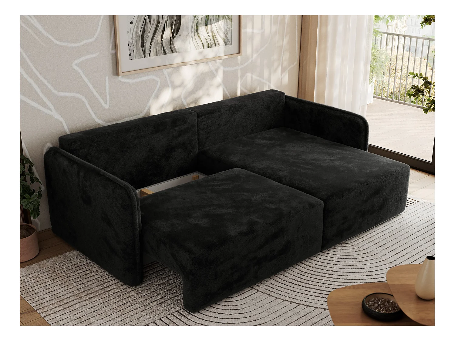 Ecksofa MESTO - Schlaffunktion und Bettkasten, L-form Couch für das Wohnzimmer, Armlehnen - Schwarz Plüsch - Ecke Rechts