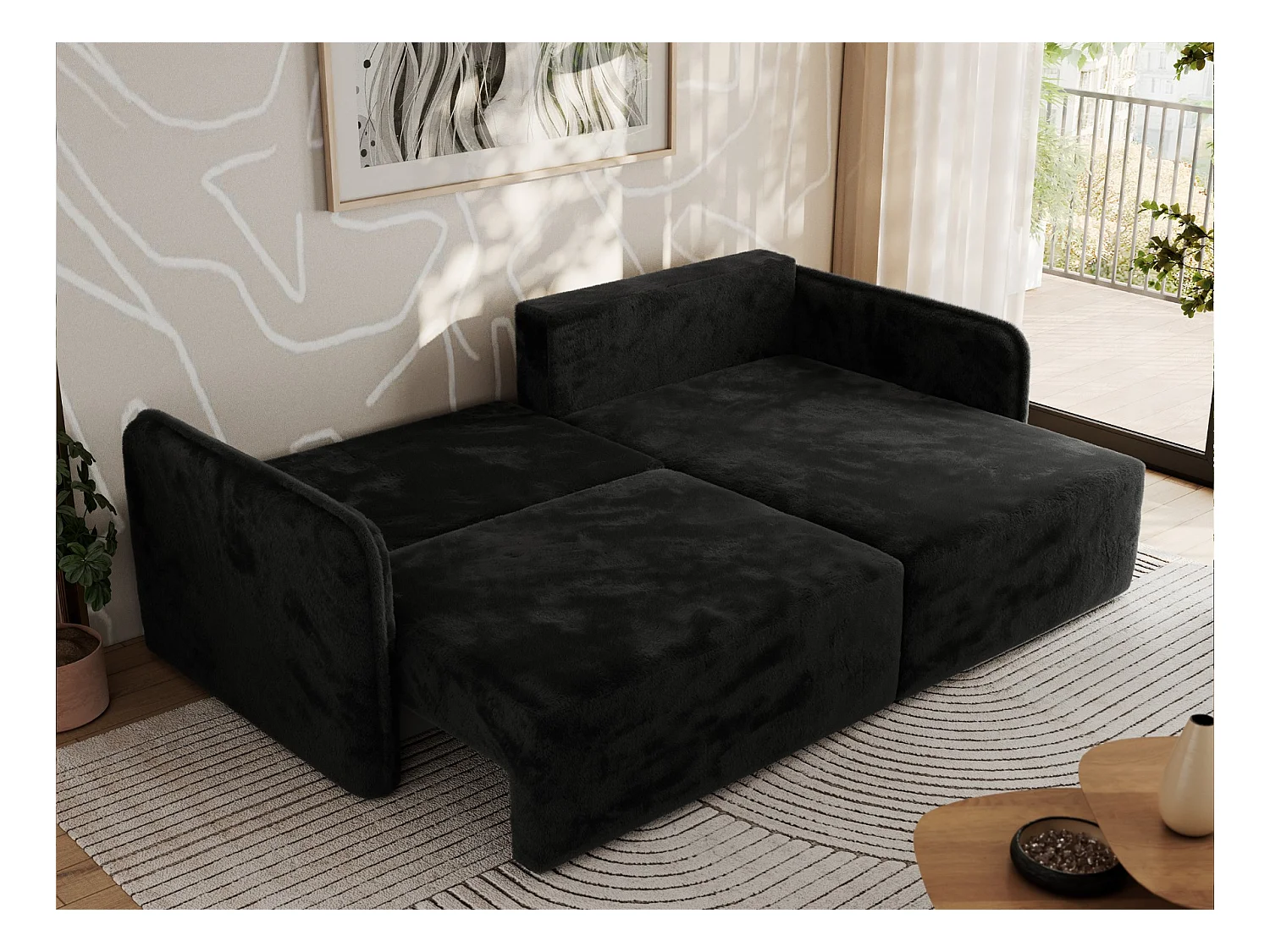 Ecksofa MESTO - Schlaffunktion und Bettkasten, L-form Couch für das Wohnzimmer, Armlehnen - Schwarz Plüsch - Ecke Rechts