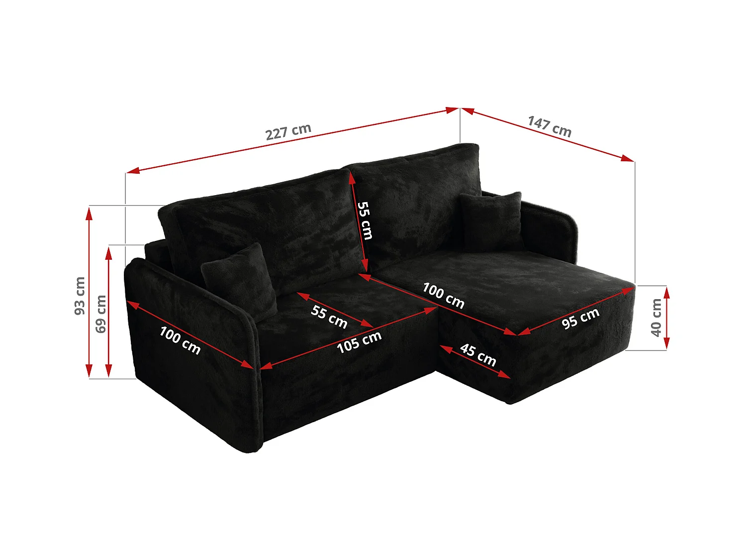 Ecksofa MESTO - Schlaffunktion und Bettkasten, L-form Couch für das Wohnzimmer, Armlehnen - Schwarz Plüsch - Ecke Rechts