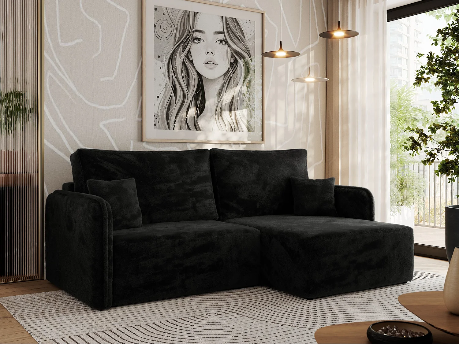 Ecksofa MESTO - Schlaffunktion und Bettkasten, L-form Couch für das Wohnzimmer, Armlehnen - Schwarz Plüsch - Ecke Rechts