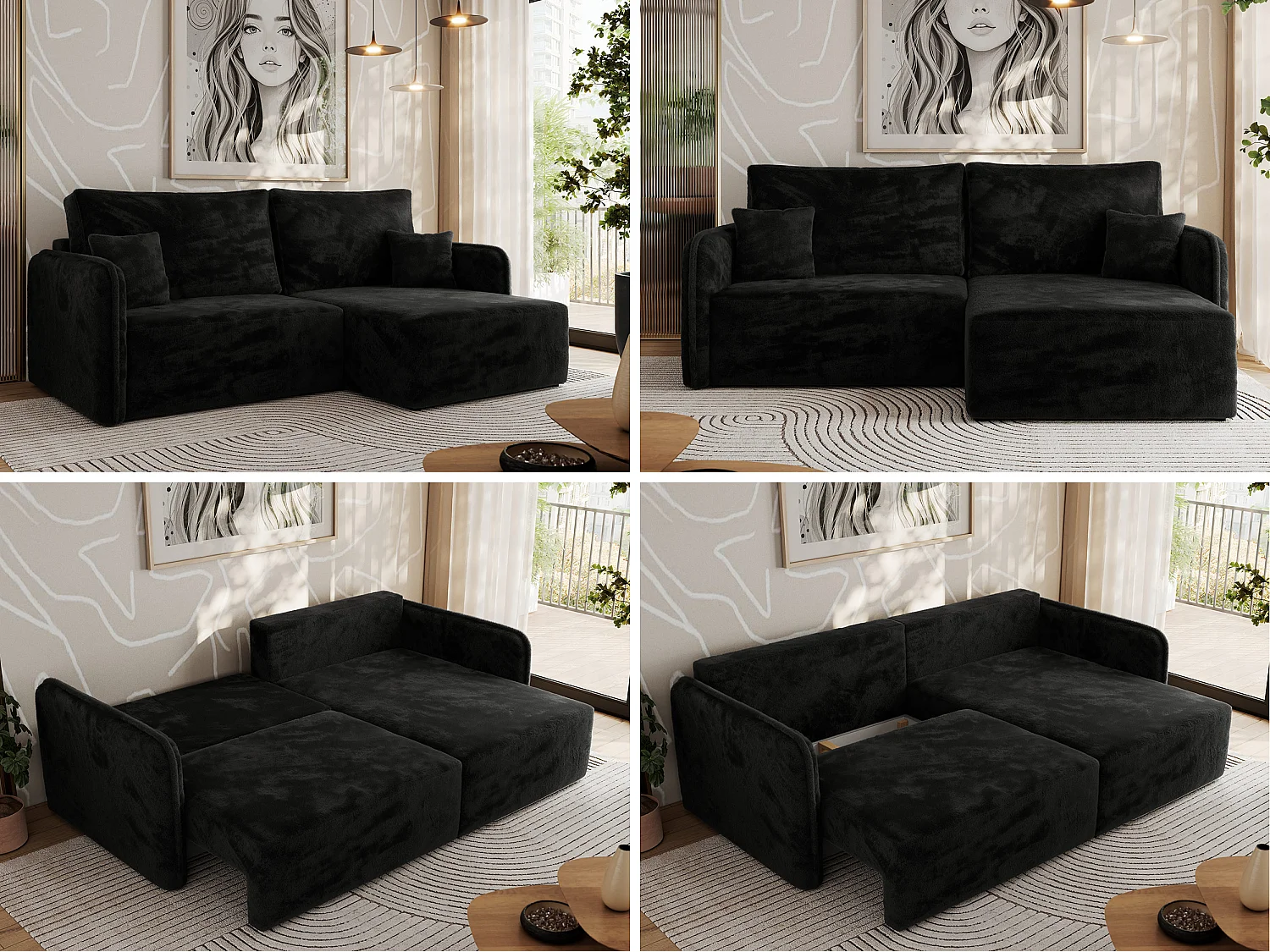 Ecksofa MESTO - Schlaffunktion und Bettkasten, L-form Couch für das Wohnzimmer, Armlehnen - Schwarz Plüsch - Ecke Rechts