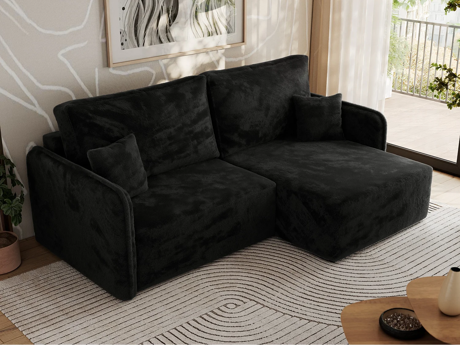 Ecksofa MESTO - Schlaffunktion und Bettkasten, L-form Couch für das Wohnzimmer, Armlehnen - Schwarz Plüsch - Ecke Rechts