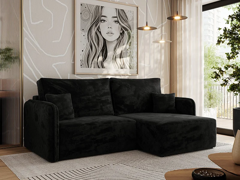 Ecksofa MESTO - Schlaffunktion und Bettkasten, L-form Couch für das Wohnzimmer, Armlehnen - Schwarz Plüsch - Ecke Rechts