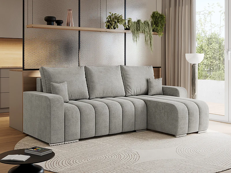 Ecksofa KIRASSO - universelles mit Schlaffunktion und Bettkasten, lose Kissen, Armlehnen - Hellgrau Stukture