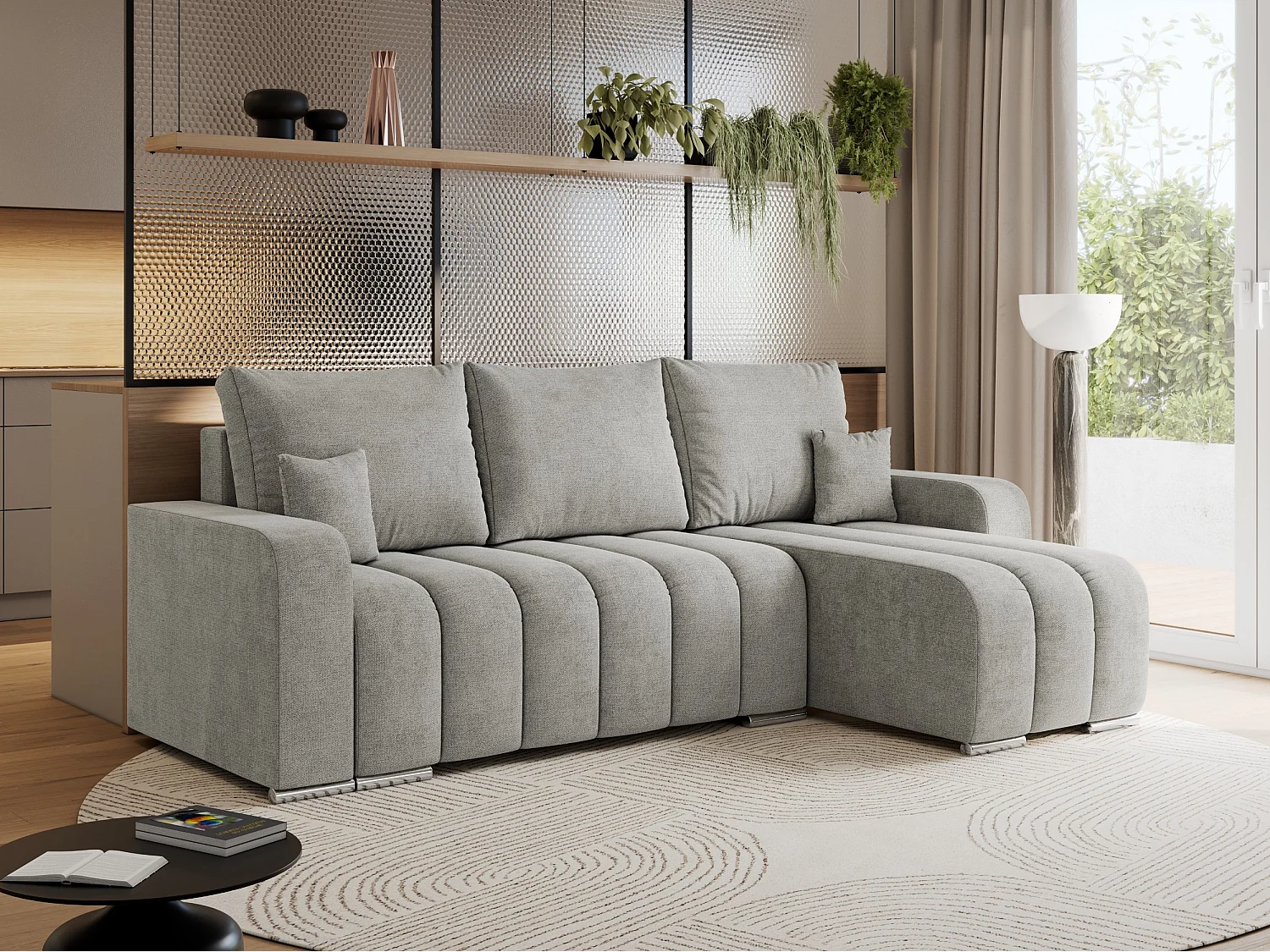 Ecksofa KIRASSO - universelles mit Schlaffunktion und Bettkasten, lose Kissen, Armlehnen - Hellgrau Stukture