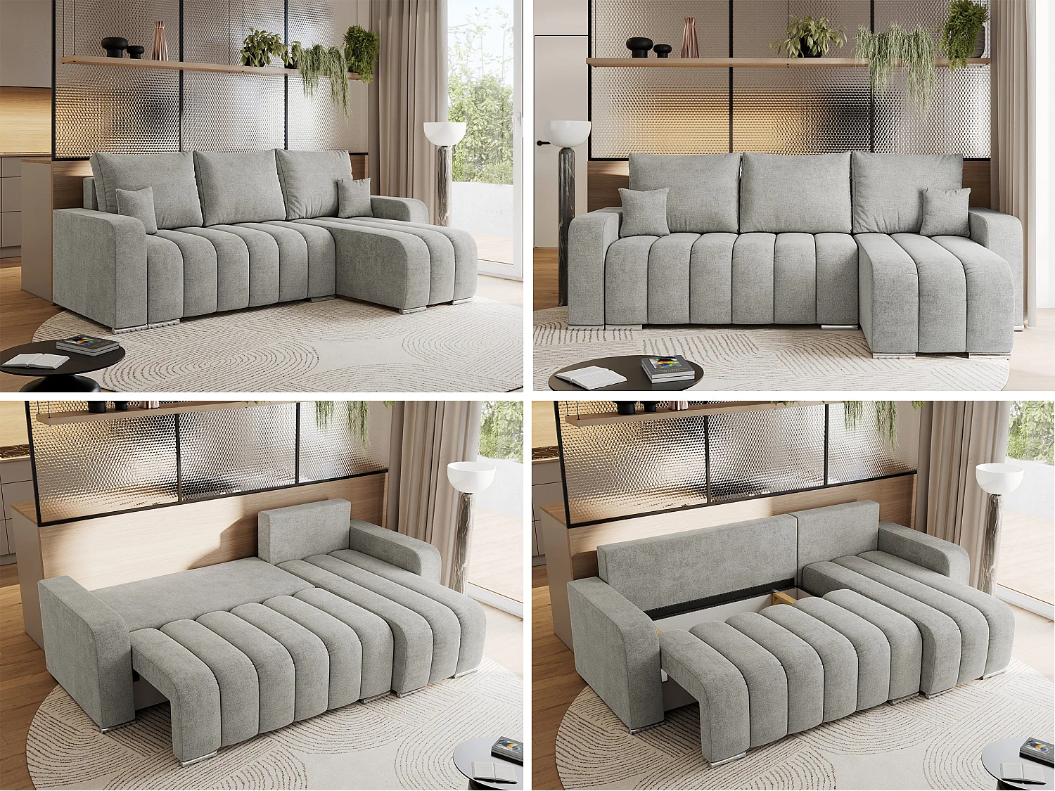 Ecksofa KIRASSO - universelles mit Schlaffunktion und Bettkasten, lose Kissen, Armlehnen - Hellgrau Stukture